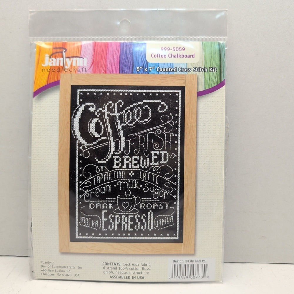 Janlynn Coffee Chalkboard Counted Cross Stitch Kit 5x7 Lily and Val 999-5059